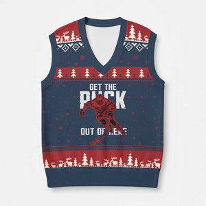 Get The Puck Out of Here V-Neck Knit Sweater Vest Sarcastic Ice Hockey Pun Humor TS02 Navy Red Print Your Wear
