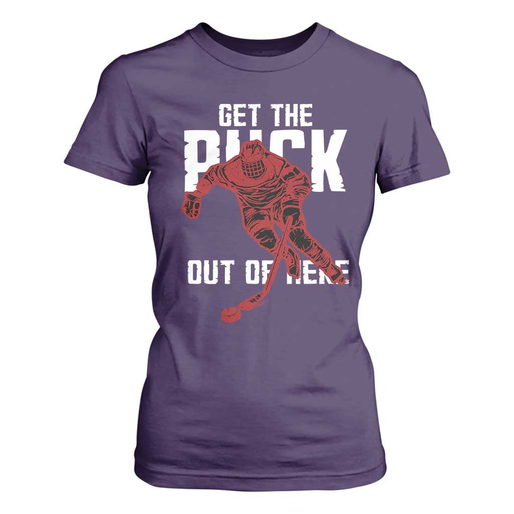 Get The Puck Out of Here T Shirt For Women Sarcastic Ice Hockey Pun Humor TS02 Purple Print Your Wear