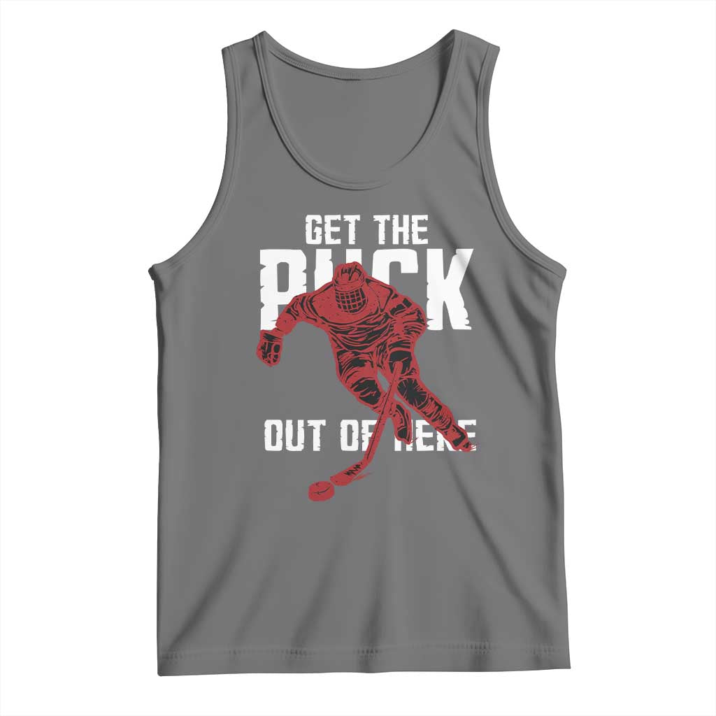 Get The Puck Out of Here Tank Top Sarcastic Ice Hockey Pun Humor TS02 Black Heather Print Your Wear