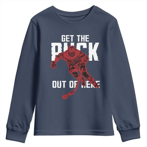 Get The Puck Out of Here Youth Sweatshirt Sarcastic Ice Hockey Pun Humor TS02 Navy Print Your Wear