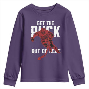 Get The Puck Out of Here Youth Sweatshirt Sarcastic Ice Hockey Pun Humor TS02 Purple Print Your Wear