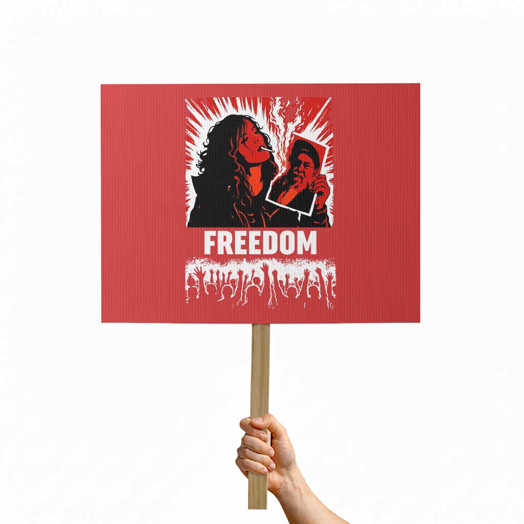 Freedom Iran Women Revolution 2026 Protest Sign Lighting Cigarette with Burning Portrait Graphic TS02 Horizontal 18