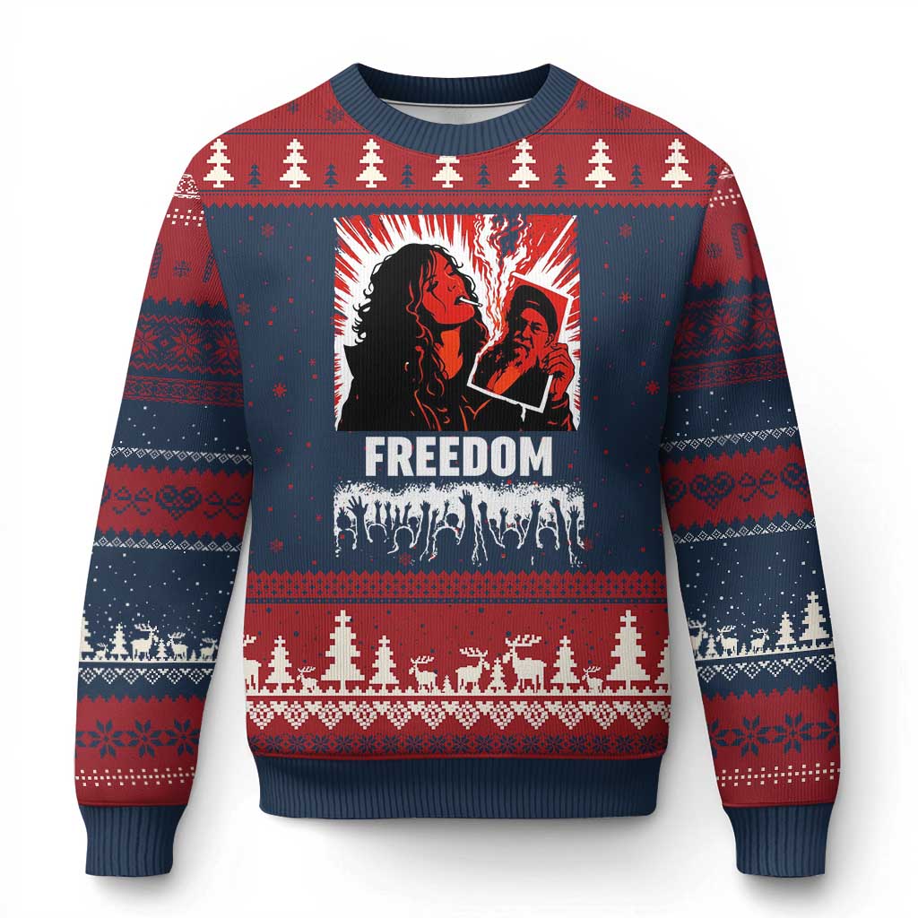 Freedom Iran Women Revolution 2026 Ugly Christmas Sweater Lighting Cigarette with Burning Portrait Graphic TS02 Navy Red Print Your Wear