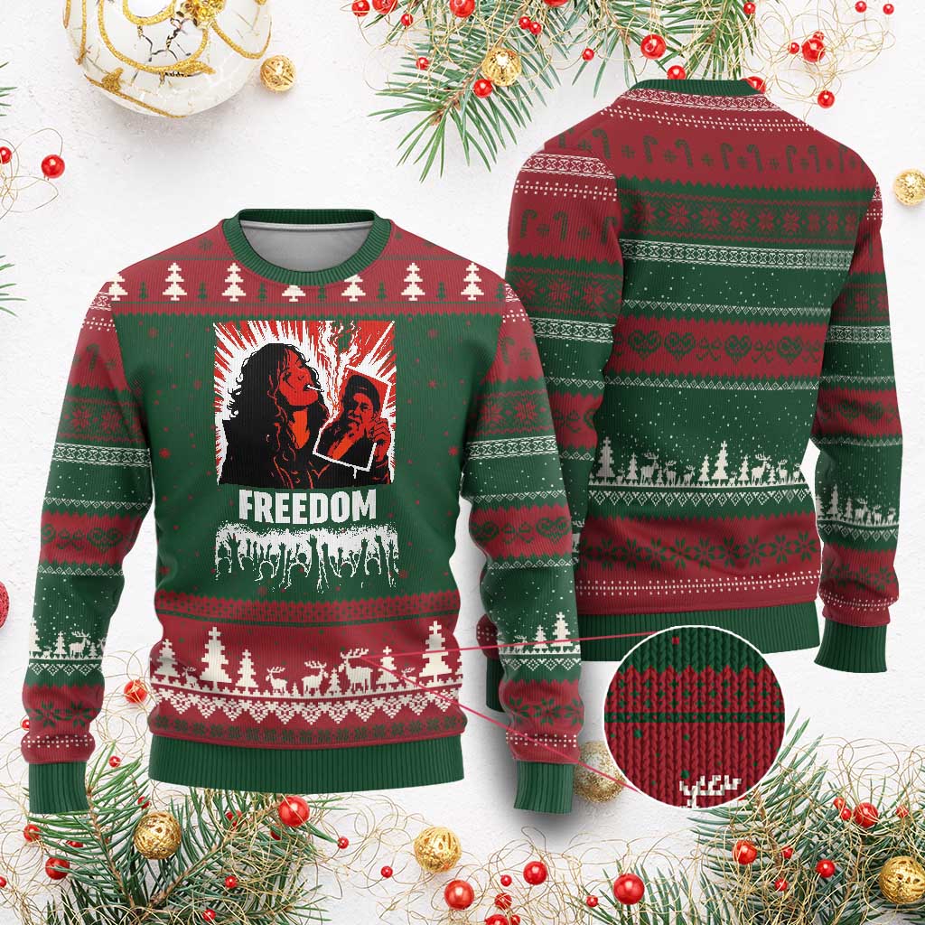 Freedom Iran Women Revolution 2026 Ugly Christmas Sweater Lighting Cigarette with Burning Portrait Graphic TS02 Red Green Print Your Wear