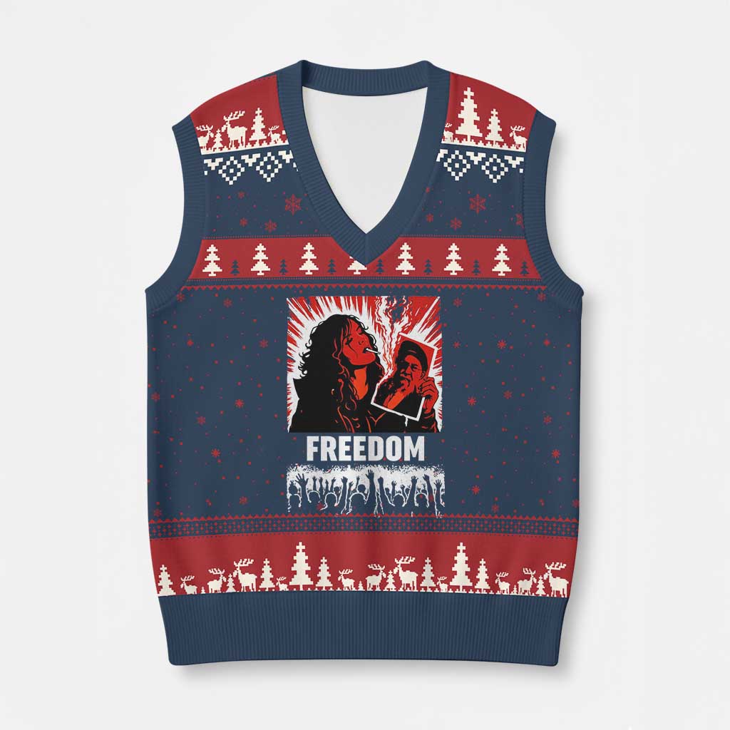 Freedom Iran Women Revolution 2026 V-Neck Knit Sweater Vest Lighting Cigarette with Burning Portrait Graphic TS02 Navy Red Print Your Wear
