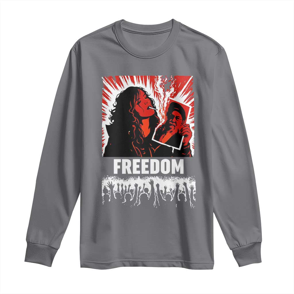 Freedom Iran Women Revolution 2026 Long Sleeve Shirt Lighting Cigarette with Burning Portrait Graphic TS02 Charcoal Print Your Wear