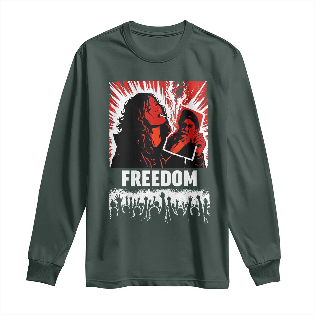 Freedom Iran Women Revolution 2026 Long Sleeve Shirt Lighting Cigarette with Burning Portrait Graphic TS02 Dark Forest Green Print Your Wear