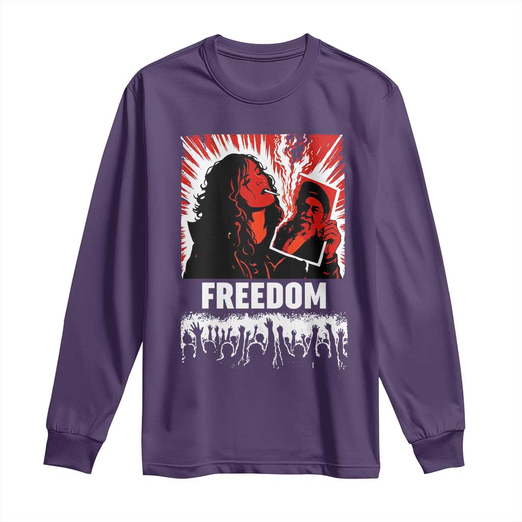 Freedom Iran Women Revolution 2026 Long Sleeve Shirt Lighting Cigarette with Burning Portrait Graphic TS02 Purple Print Your Wear