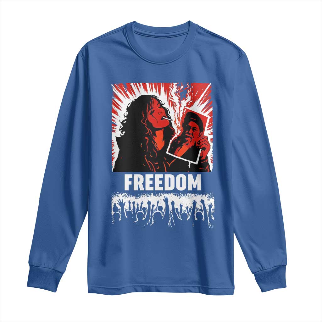Freedom Iran Women Revolution 2026 Long Sleeve Shirt Lighting Cigarette with Burning Portrait Graphic TS02 Royal Blue Print Your Wear