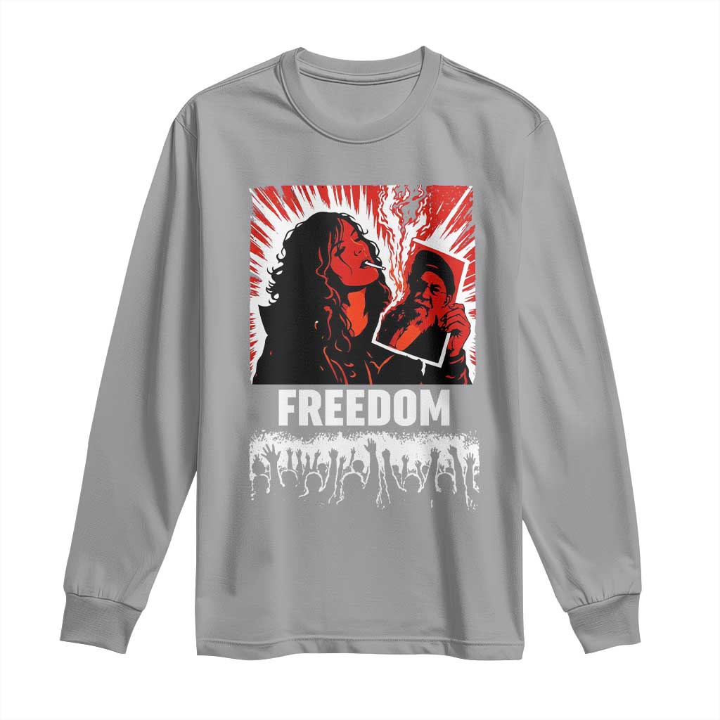 Freedom Iran Women Revolution 2026 Long Sleeve Shirt Lighting Cigarette with Burning Portrait Graphic TS02 Sport Gray Print Your Wear