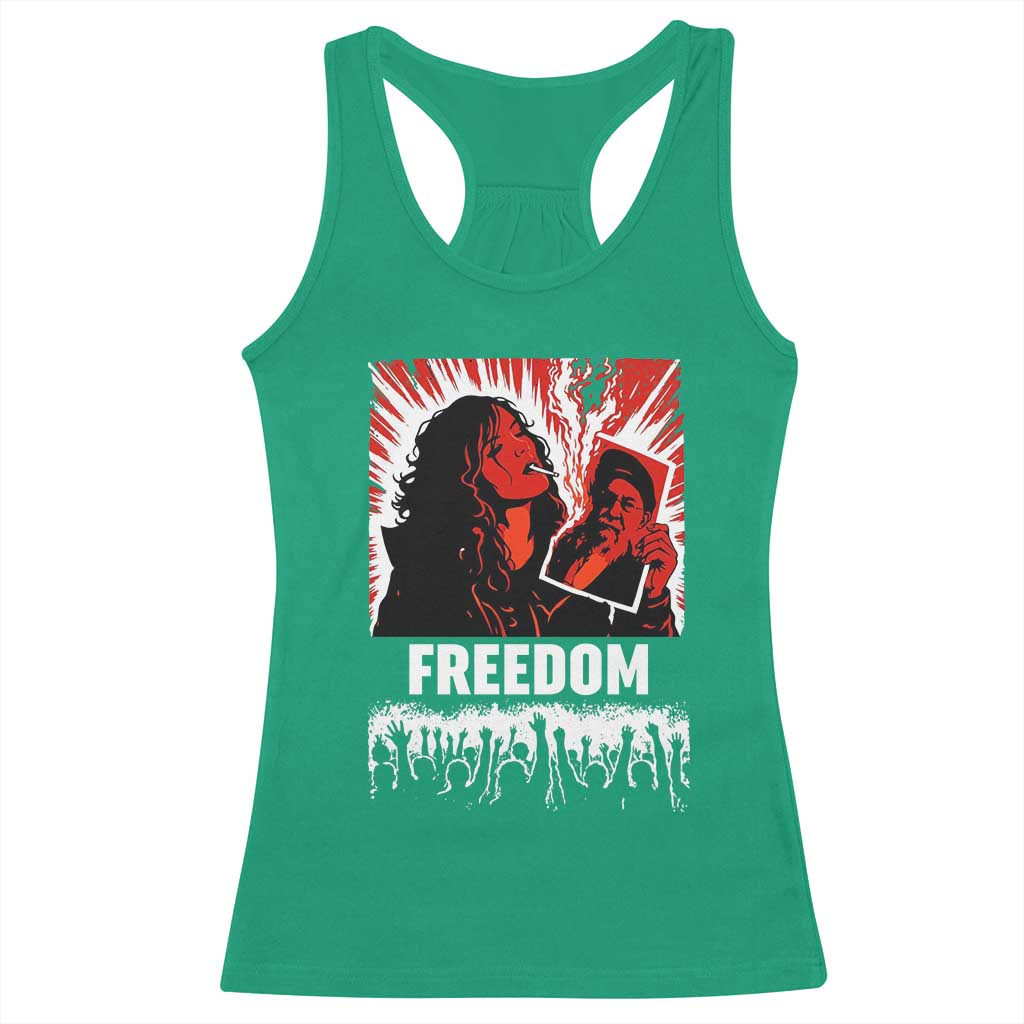 Freedom Iran Women Revolution 2026 Racerback Tank Top Lighting Cigarette with Burning Portrait Graphic TS02 Irish Green Print Your Wear
