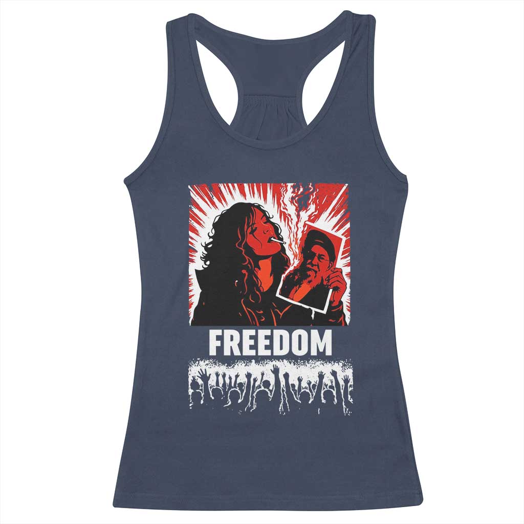 Freedom Iran Women Revolution 2026 Racerback Tank Top Lighting Cigarette with Burning Portrait Graphic TS02 Navy Print Your Wear