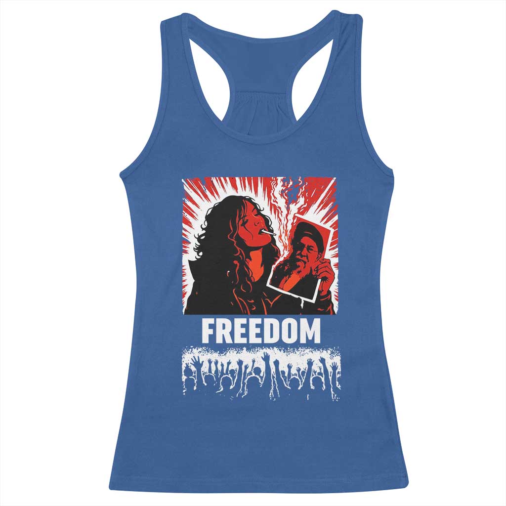 Freedom Iran Women Revolution 2026 Racerback Tank Top Lighting Cigarette with Burning Portrait Graphic TS02 Royal Blue Print Your Wear
