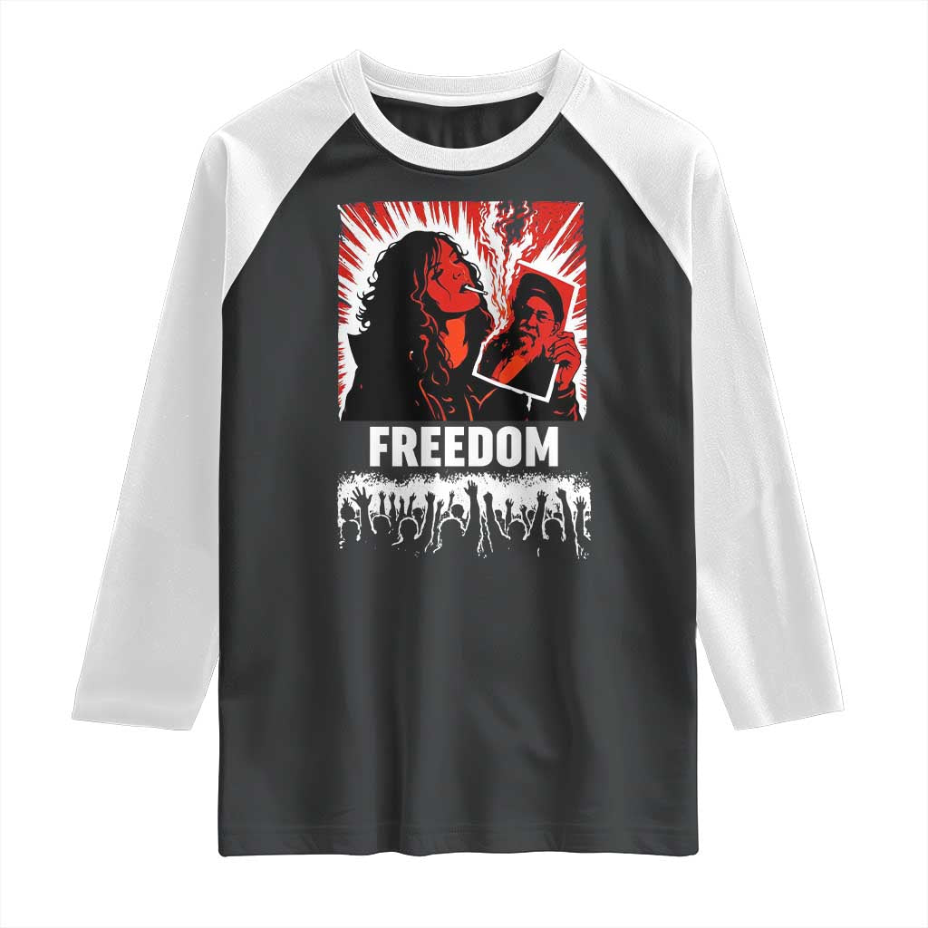 Freedom Iran Women Revolution 2026 Raglan Shirt Lighting Cigarette with Burning Portrait Graphic TS02 Black White Print Your Wear