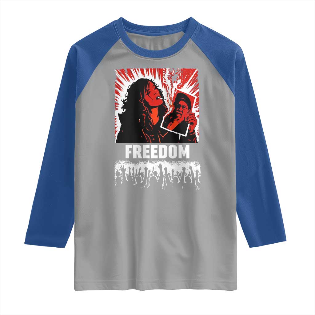 Freedom Iran Women Revolution 2026 Raglan Shirt Lighting Cigarette with Burning Portrait Graphic TS02 Sport Gray Royal Print Your Wear
