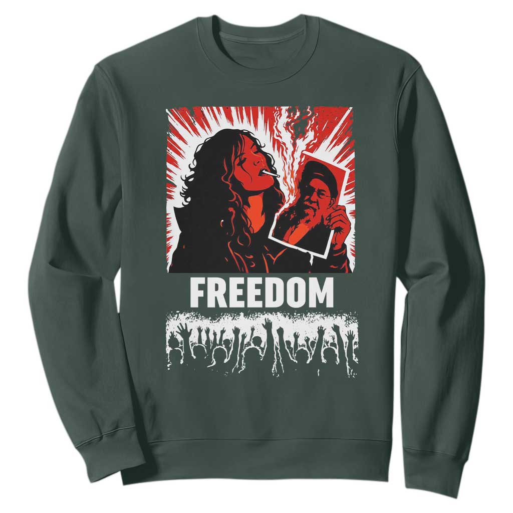 Freedom Iran Women Revolution 2026 Sweatshirt Lighting Cigarette with Burning Portrait Graphic TS02 Dark Forest Green Print Your Wear