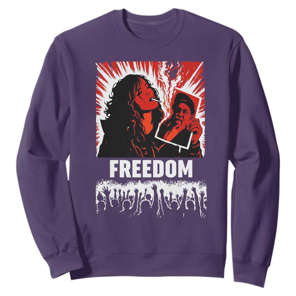 Freedom Iran Women Revolution 2026 Sweatshirt Lighting Cigarette with Burning Portrait Graphic TS02 Purple Print Your Wear