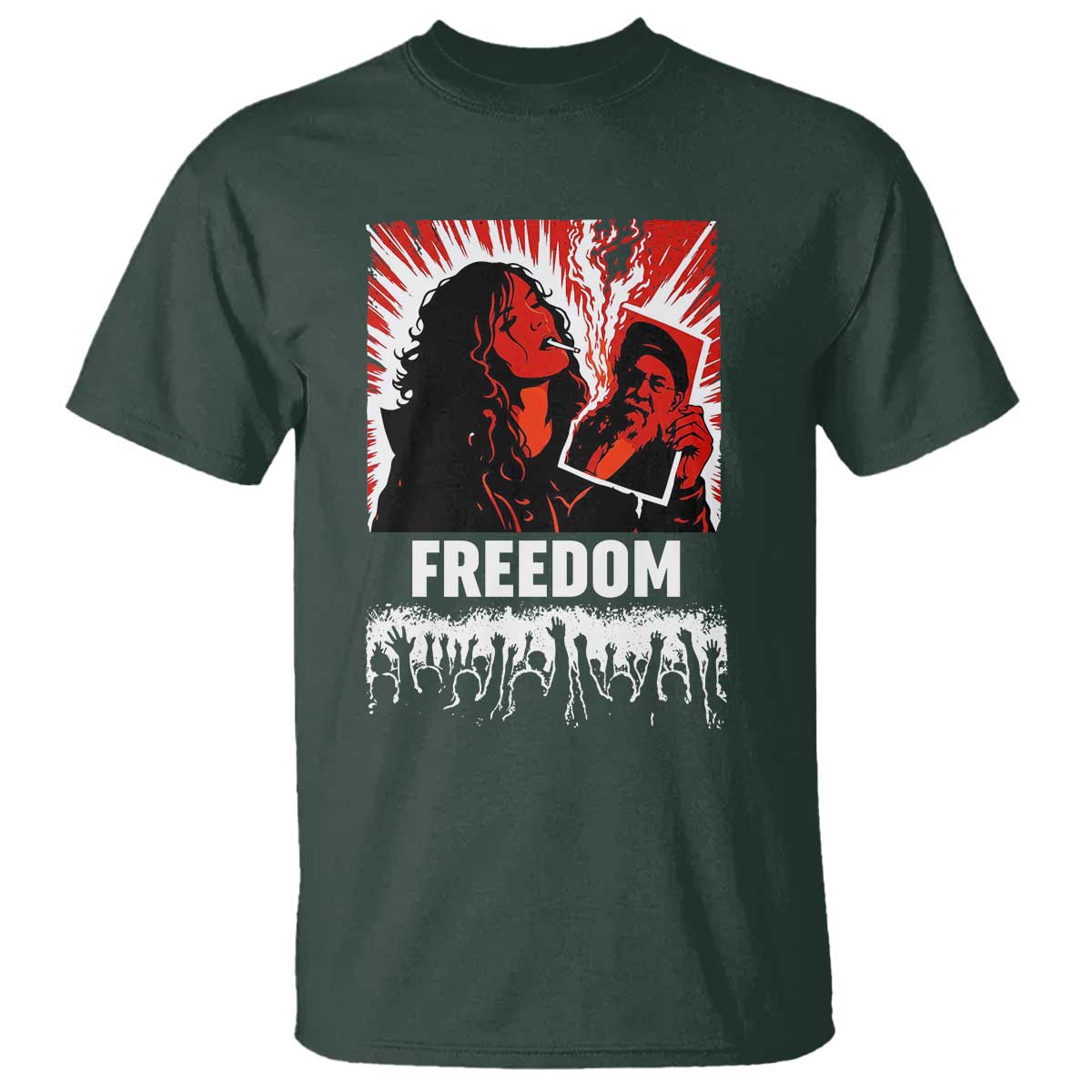 Freedom Iran Women Revolution 2026 T Shirt - Lighting Cigarette Burning Portrait Graphic Tee TS02 Dark Forest Green Print Your Wear