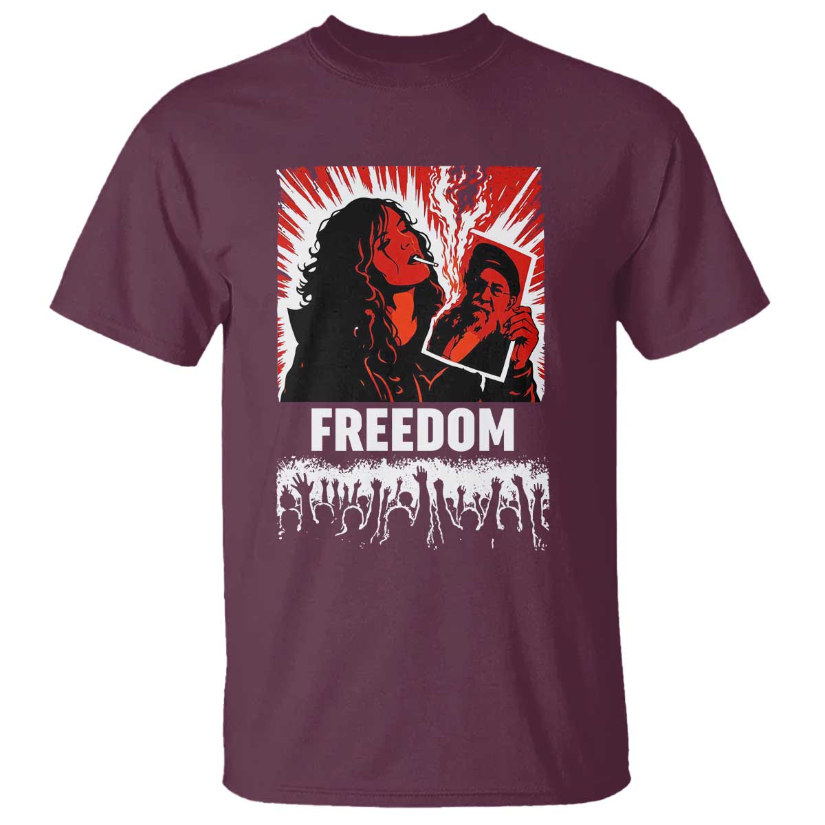 Freedom Iran Women Revolution 2026 T Shirt - Lighting Cigarette Burning Portrait Graphic Tee TS02 Maroon Print Your Wear