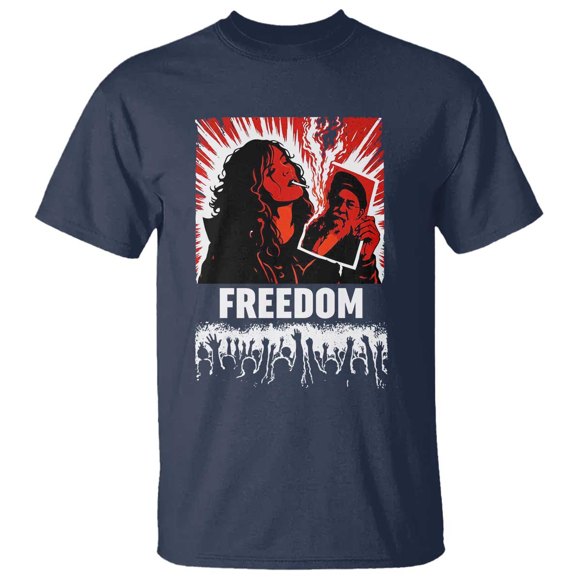 Freedom Iran Women Revolution 2026 T Shirt - Lighting Cigarette Burning Portrait Graphic Tee TS02 Navy Print Your Wear