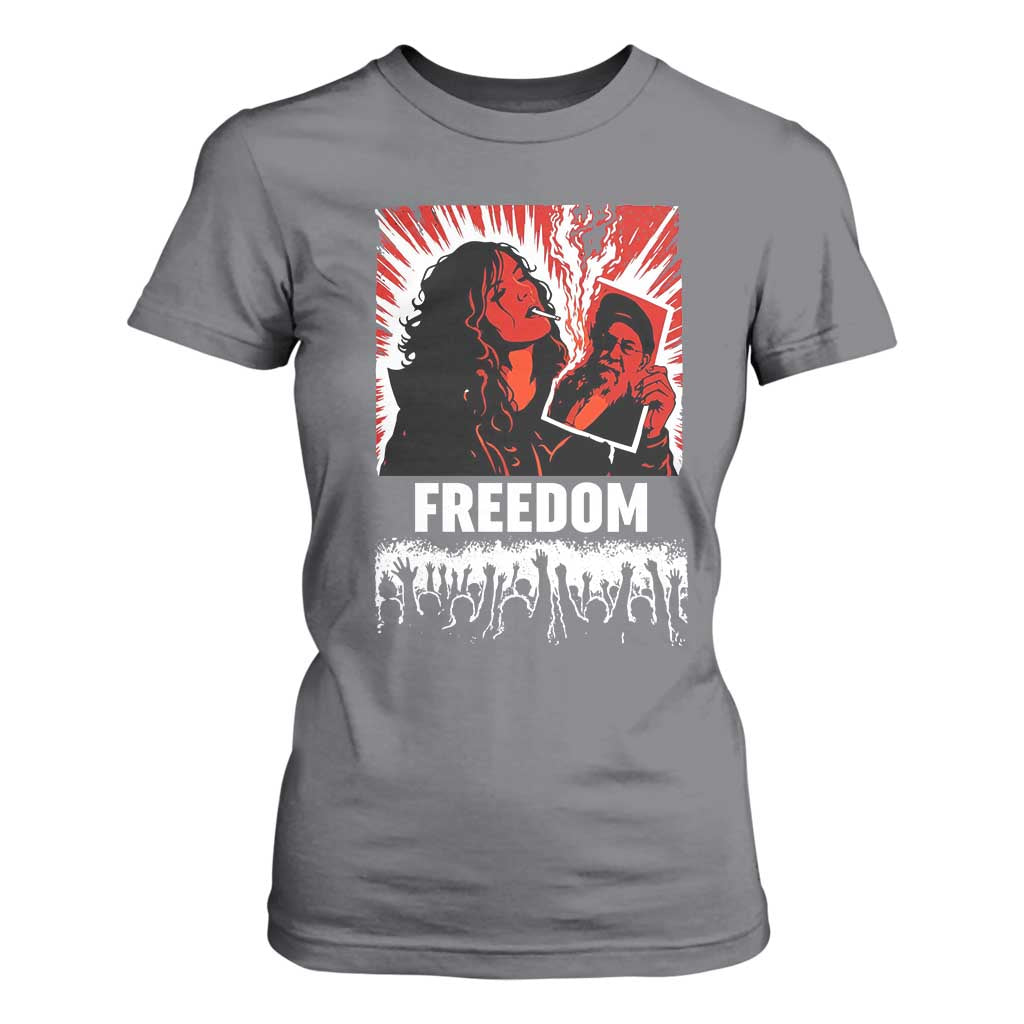 Freedom Iran Women Revolution 2026 T Shirt For Women Lighting Cigarette with Burning Portrait Graphic TS02 Charcoal Print Your Wear