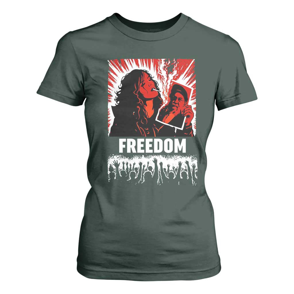 Freedom Iran Women Revolution 2026 T Shirt For Women Lighting Cigarette with Burning Portrait Graphic TS02 Dark Forest Green Print Your Wear