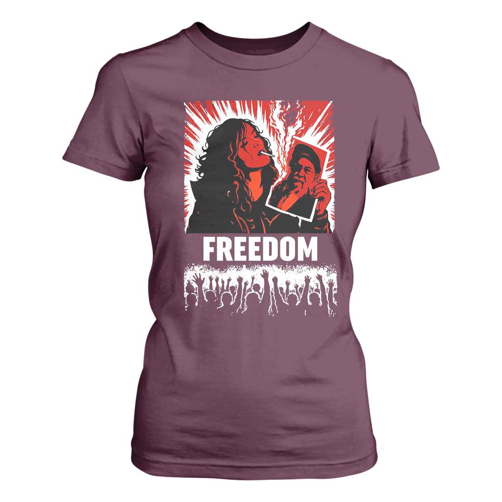 Freedom Iran Women Revolution 2026 T Shirt For Women Lighting Cigarette with Burning Portrait Graphic TS02 Maroon Print Your Wear