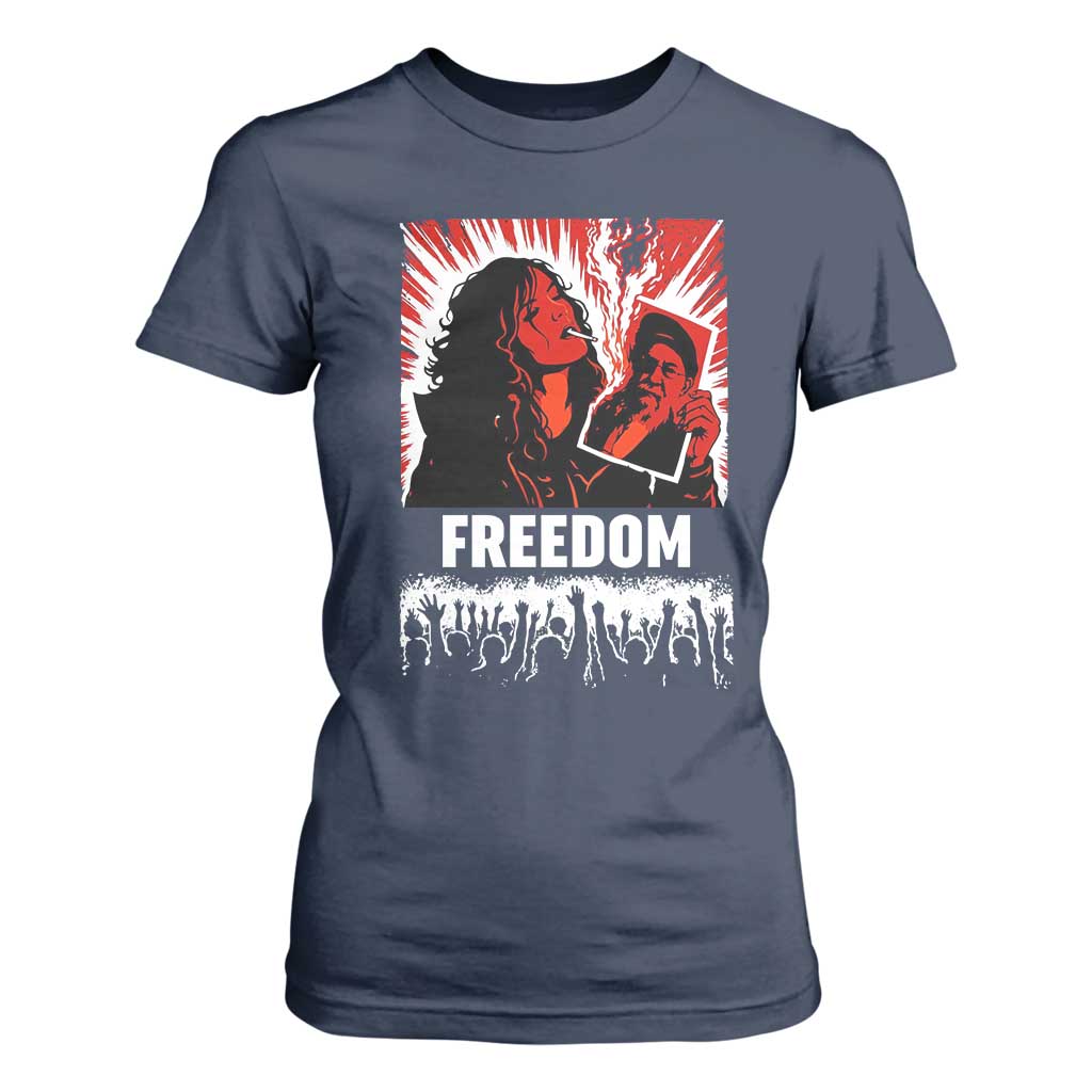 Freedom Iran Women Revolution 2026 T Shirt For Women Lighting Cigarette with Burning Portrait Graphic TS02 Navy Print Your Wear