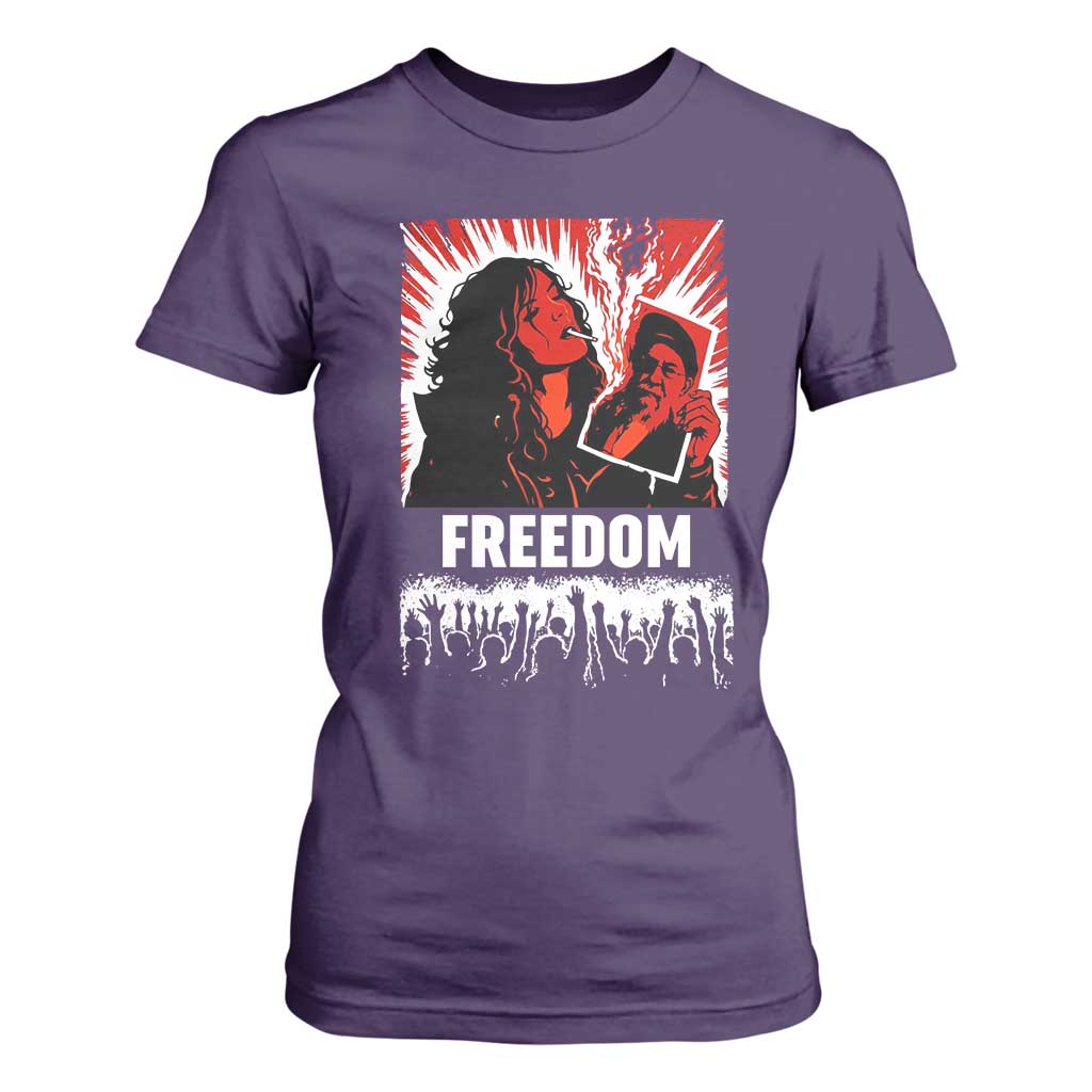 Freedom Iran Women Revolution 2026 T Shirt For Women Lighting Cigarette with Burning Portrait Graphic TS02 Purple Print Your Wear