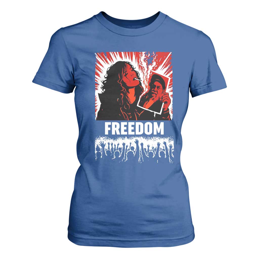 Freedom Iran Women Revolution 2026 T Shirt For Women Lighting Cigarette with Burning Portrait Graphic TS02 Royal Blue Print Your Wear