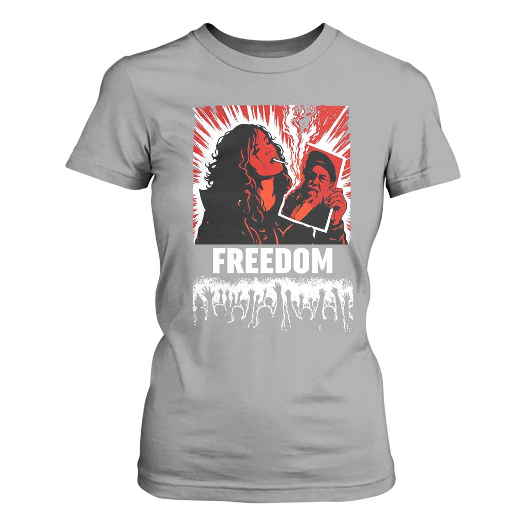 Freedom Iran Women Revolution 2026 T Shirt For Women Lighting Cigarette with Burning Portrait Graphic TS02 Sport Gray Print Your Wear