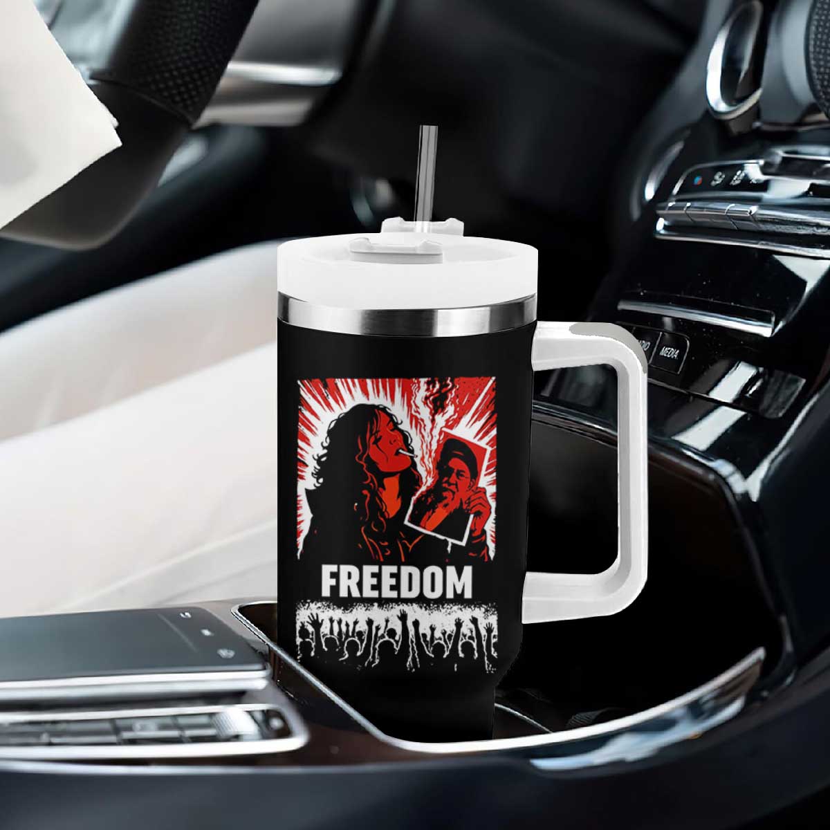 Freedom Iran Women Revolution 2026 Tumbler With Handle Lighting Cigarette with Burning Portrait Graphic TS02 Print Your Wear
