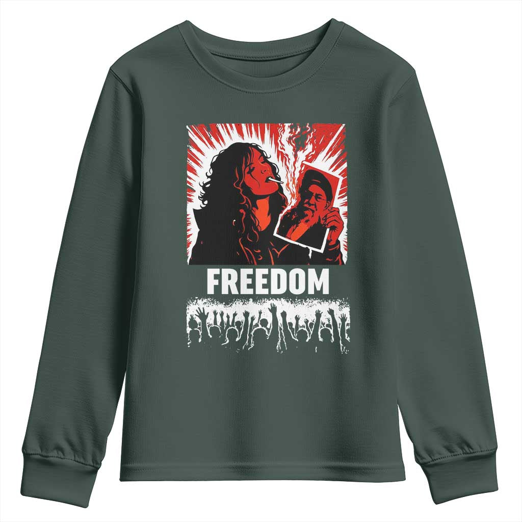 Freedom Iran Women Revolution 2026 Youth Sweatshirt Lighting Cigarette with Burning Portrait Graphic TS02 Dark Forest Green Print Your Wear
