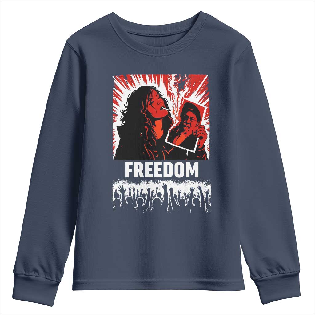 Freedom Iran Women Revolution 2026 Youth Sweatshirt Lighting Cigarette with Burning Portrait Graphic TS02 Navy Print Your Wear