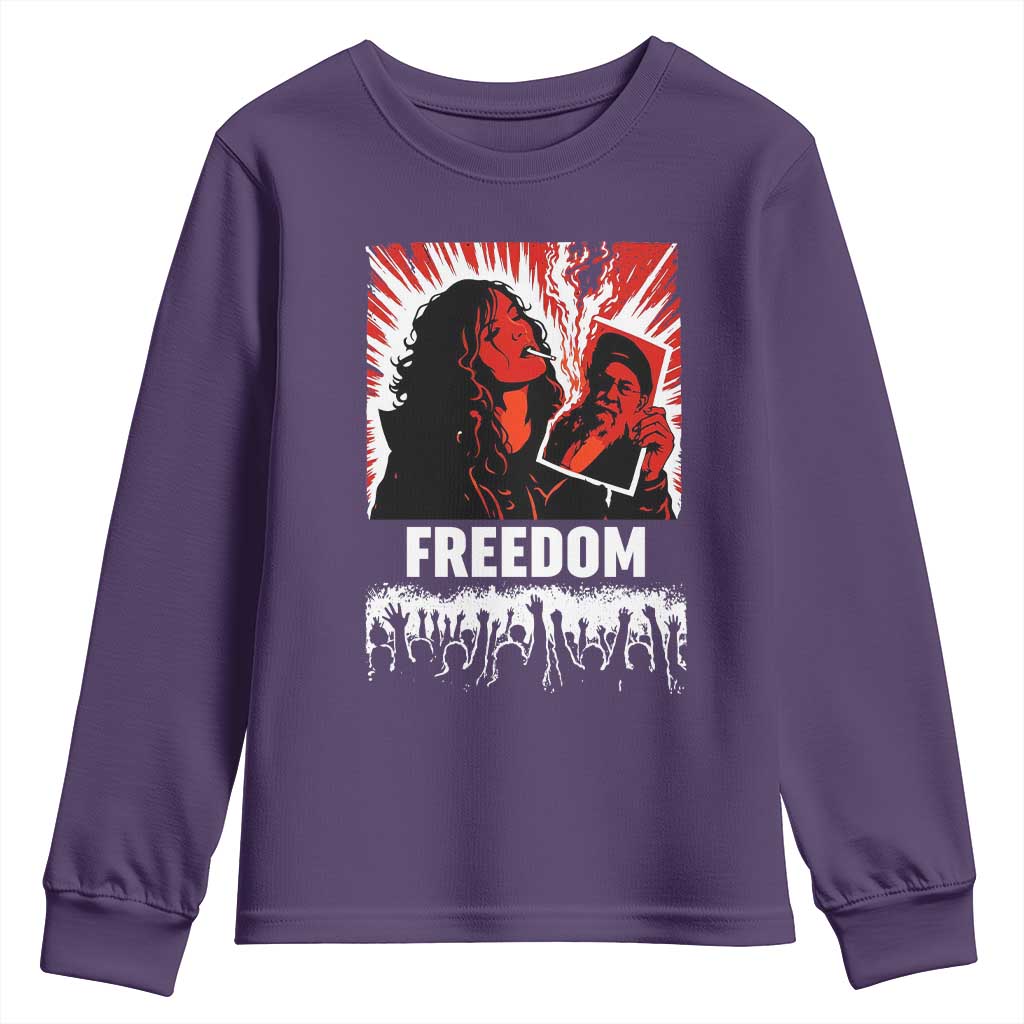 Freedom Iran Women Revolution 2026 Youth Sweatshirt Lighting Cigarette with Burning Portrait Graphic TS02 Purple Print Your Wear