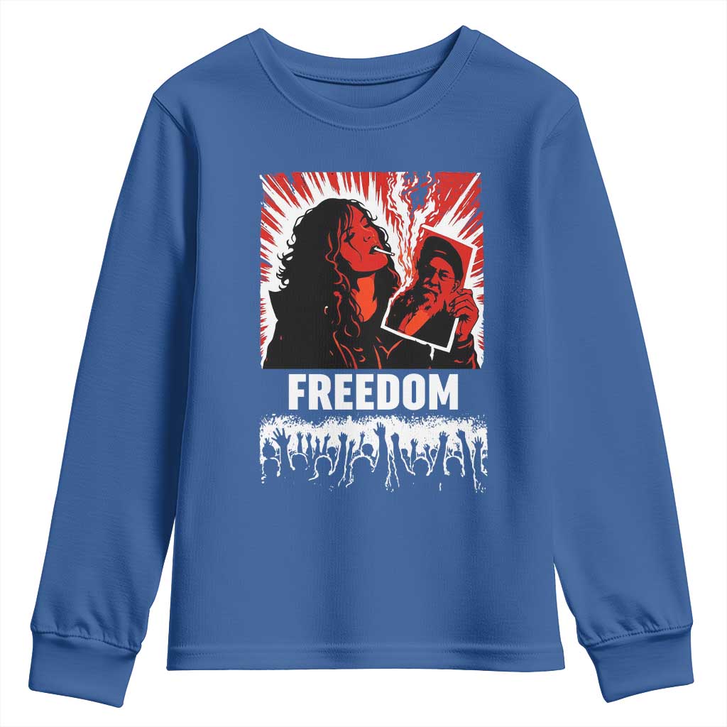 Freedom Iran Women Revolution 2026 Youth Sweatshirt Lighting Cigarette with Burning Portrait Graphic TS02 Royal Blue Print Your Wear