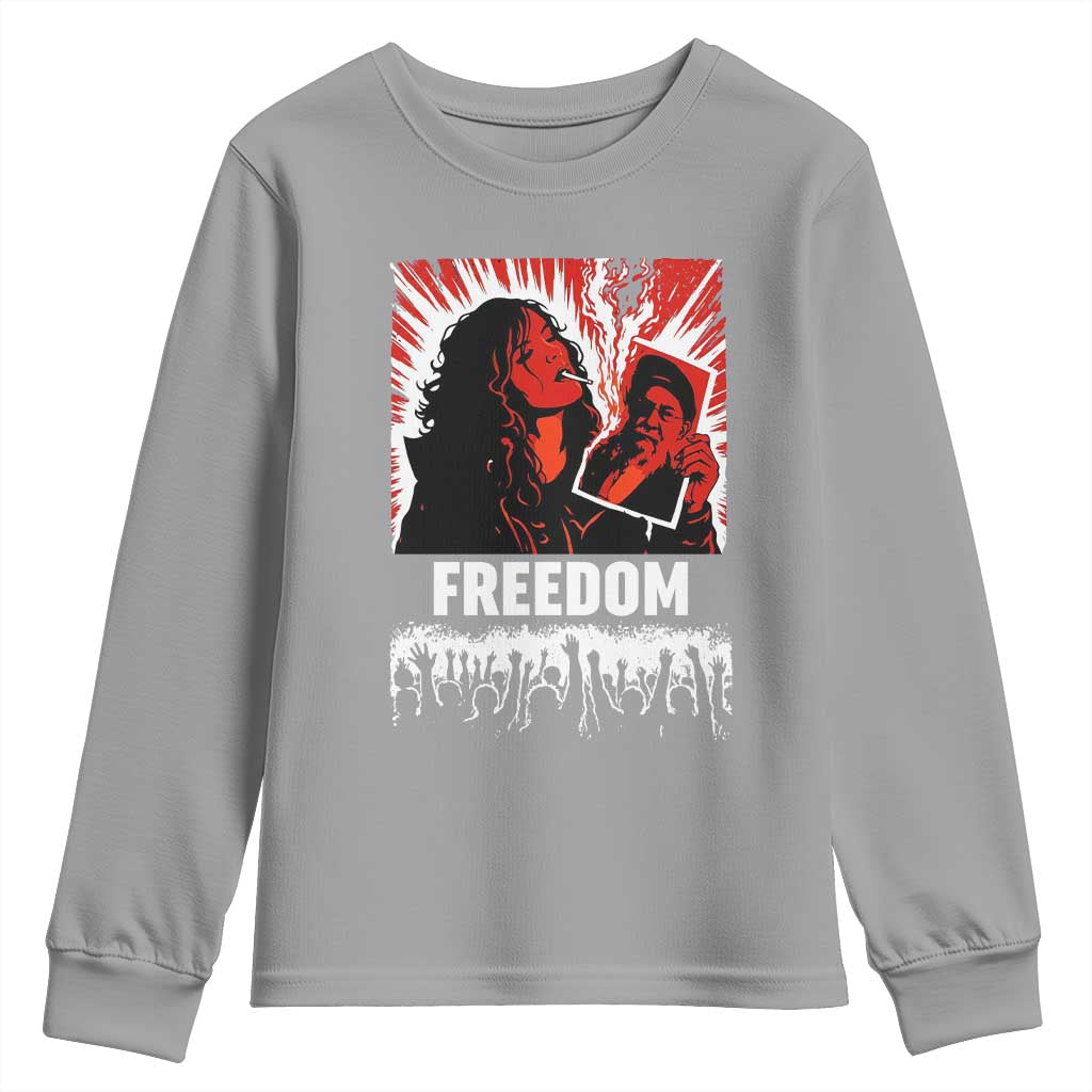 Freedom Iran Women Revolution 2026 Youth Sweatshirt Lighting Cigarette with Burning Portrait Graphic TS02 Sport Gray Print Your Wear