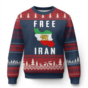 Free Iran Revolution 2026 Ugly Christmas Sweater Sun and Lion Flag Iranian Freedom Justice TS02 Navy Red Print Your Wear