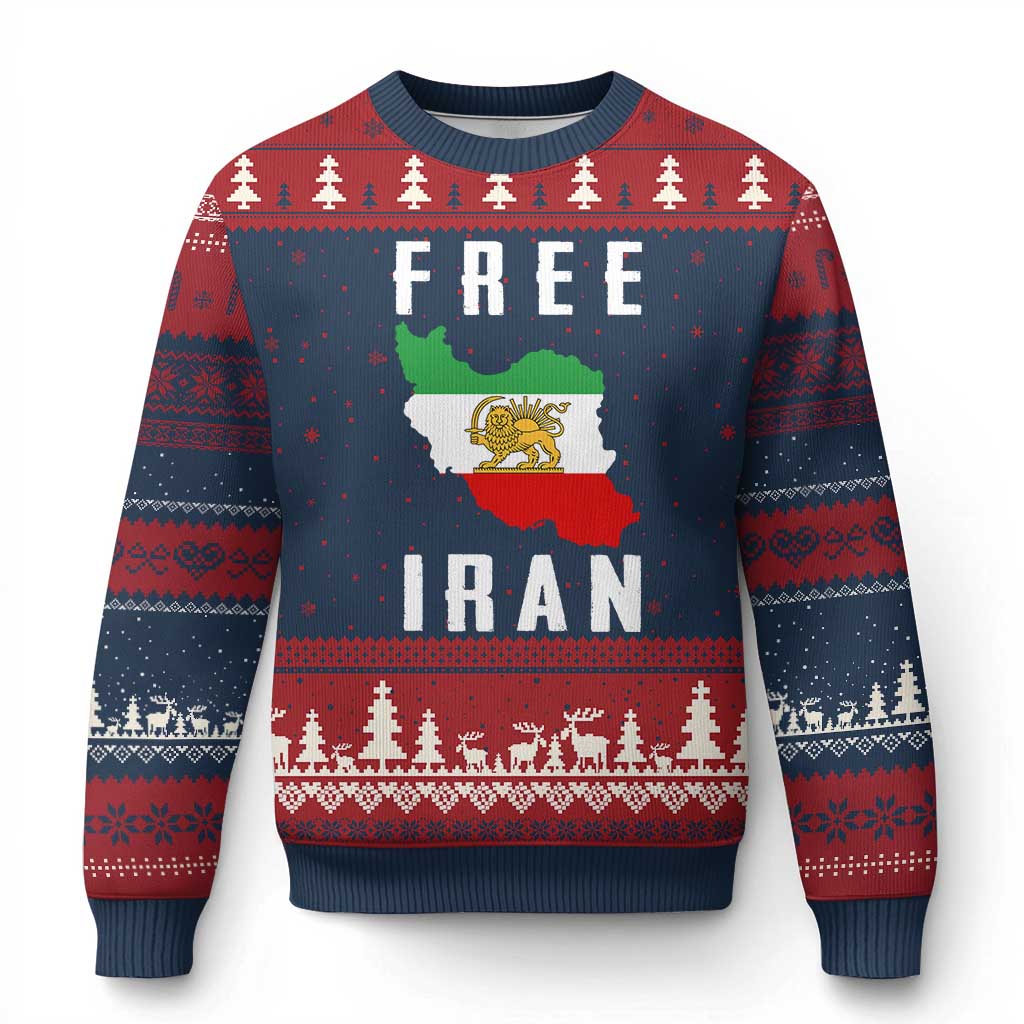 Free Iran Revolution 2026 Ugly Christmas Sweater Sun and Lion Flag Iranian Freedom Justice TS02 Navy Red Print Your Wear
