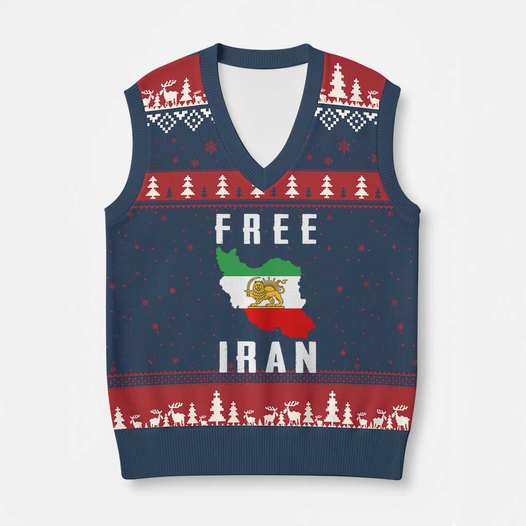 Free Iran Revolution 2026 V-Neck Knit Sweater Vest Sun and Lion Flag Iranian Freedom Justice TS02 Navy Red Print Your Wear