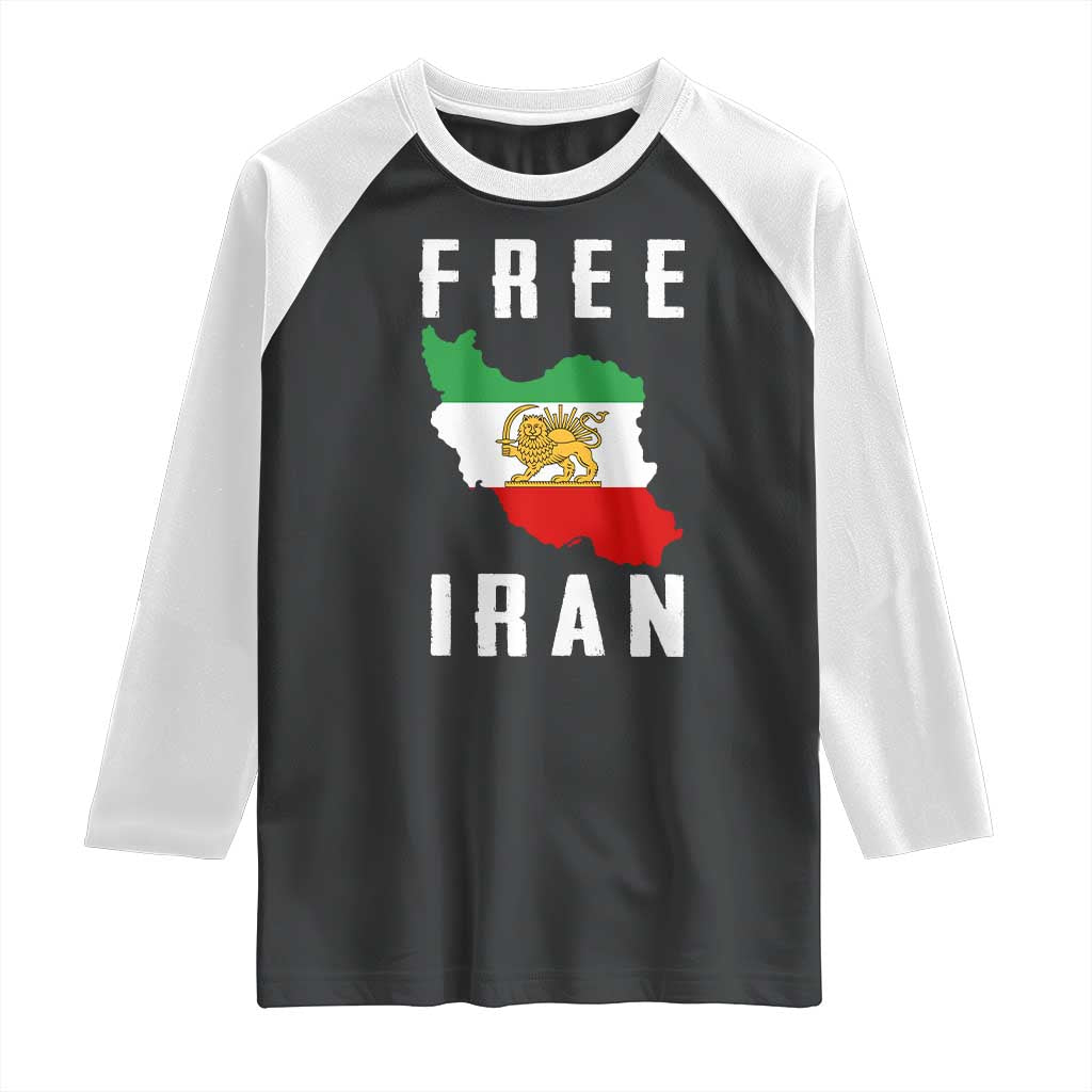 Free Iran Revolution 2026 Raglan Shirt Sun and Lion Flag Iranian Freedom Justice TS02 Black White Print Your Wear