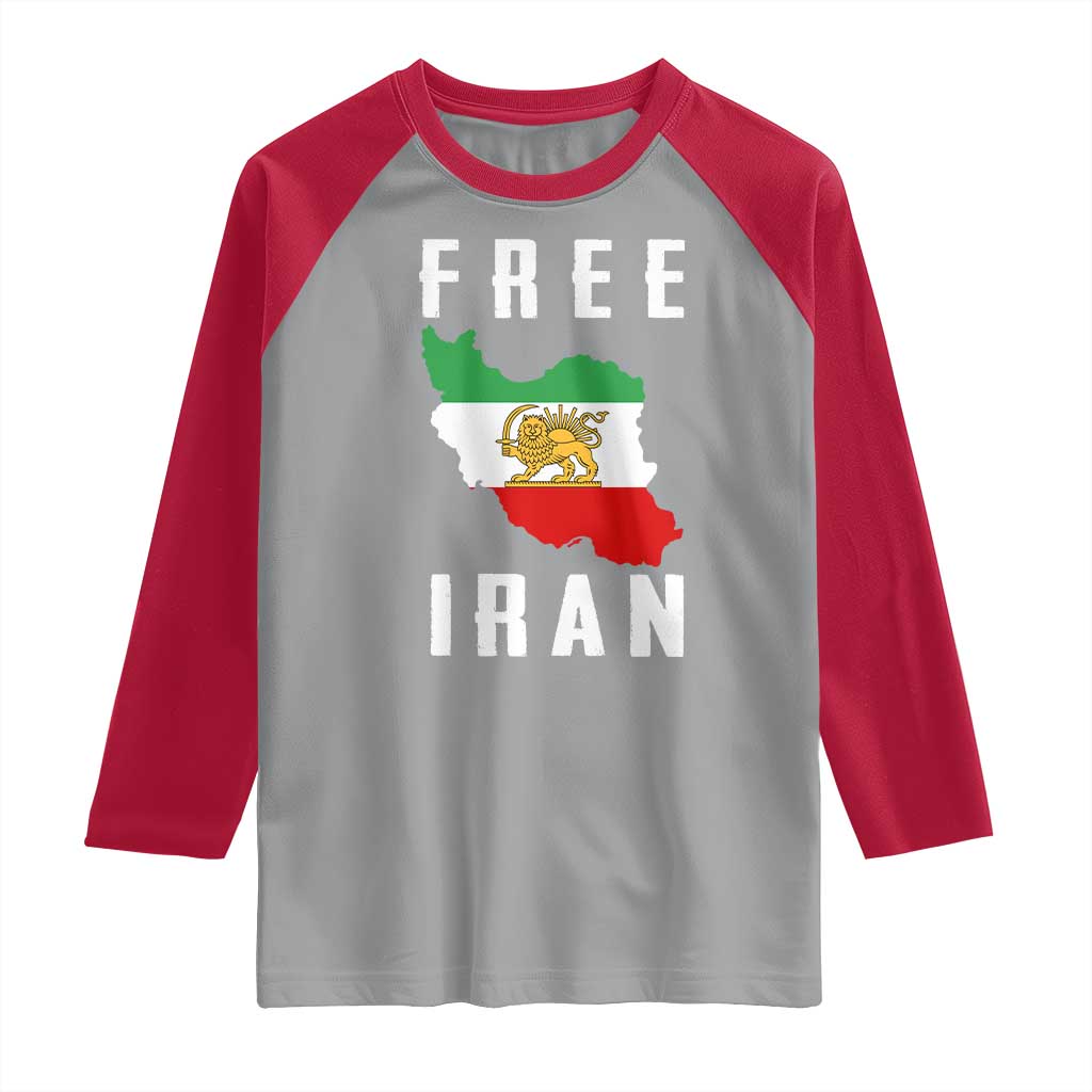 Free Iran Revolution 2026 Raglan Shirt Sun and Lion Flag Iranian Freedom Justice TS02 Sport Gray Red Print Your Wear