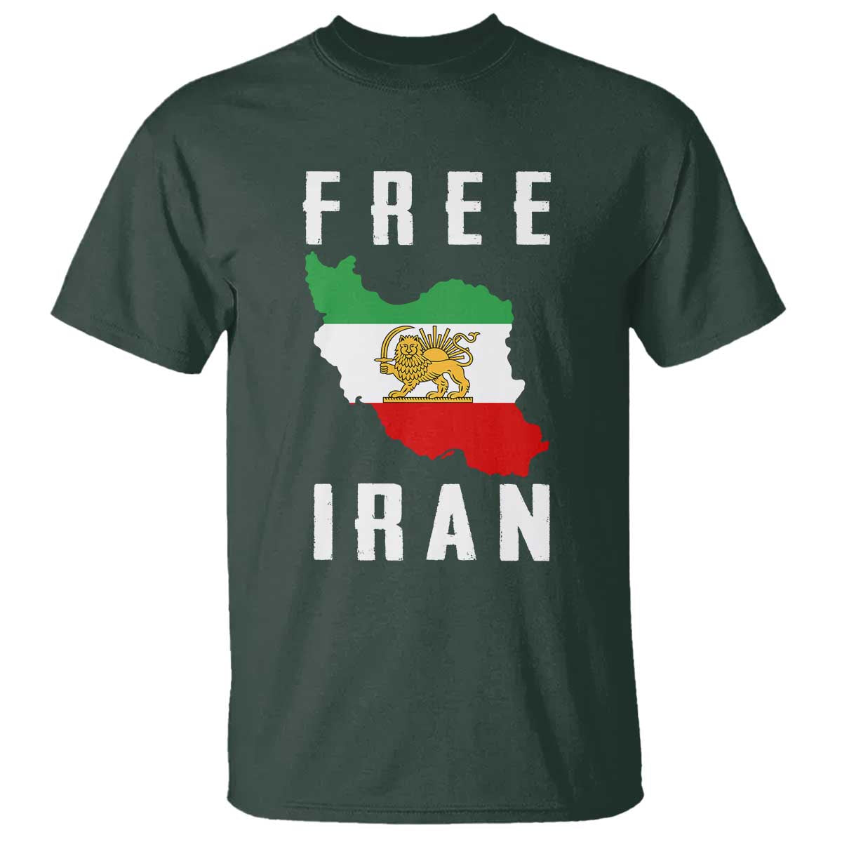 Free Iran Revolution 2026 T Shirt - Sun and Lion Flag Iranian Freedom Justice Solidarity Tee TS02 Dark Forest Green Print Your Wear