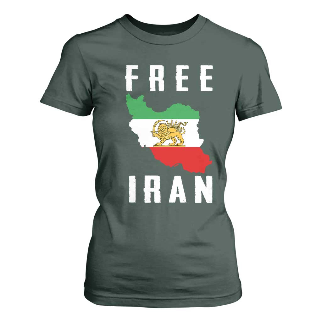 Free Iran Revolution 2026 T Shirt For Women Sun and Lion Flag Iranian Freedom Justice TS02 Dark Forest Green Print Your Wear