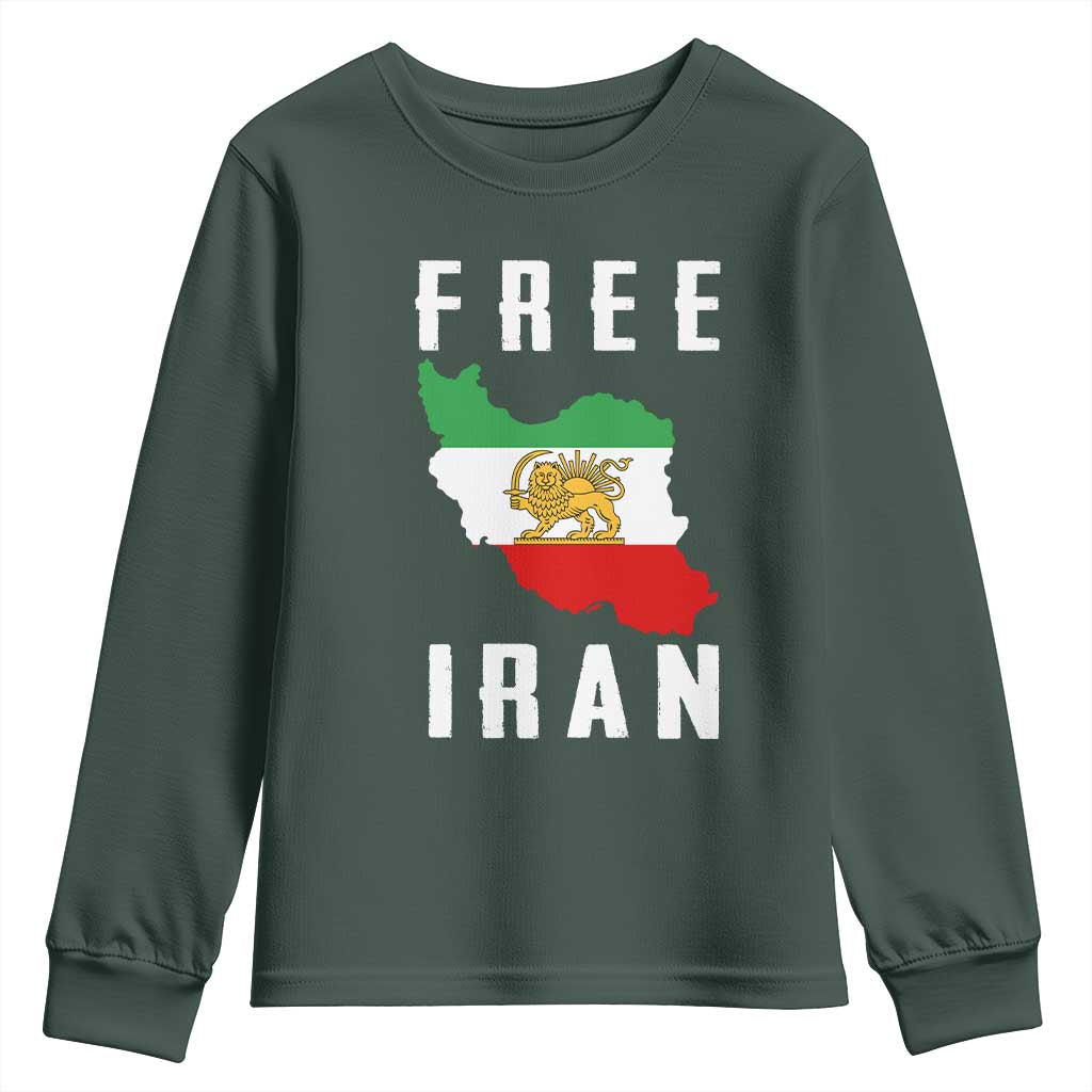 Free Iran Revolution 2026 Youth Sweatshirt Sun and Lion Flag Iranian Freedom Justice TS02 Dark Forest Green Print Your Wear