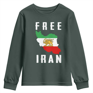 Free Iran Revolution 2026 Youth Sweatshirt Sun and Lion Flag Iranian Freedom Justice TS02 Dark Forest Green Print Your Wear