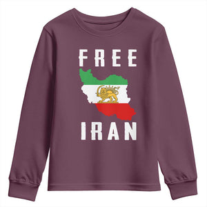 Free Iran Revolution 2026 Youth Sweatshirt Sun and Lion Flag Iranian Freedom Justice TS02 Maroon Print Your Wear