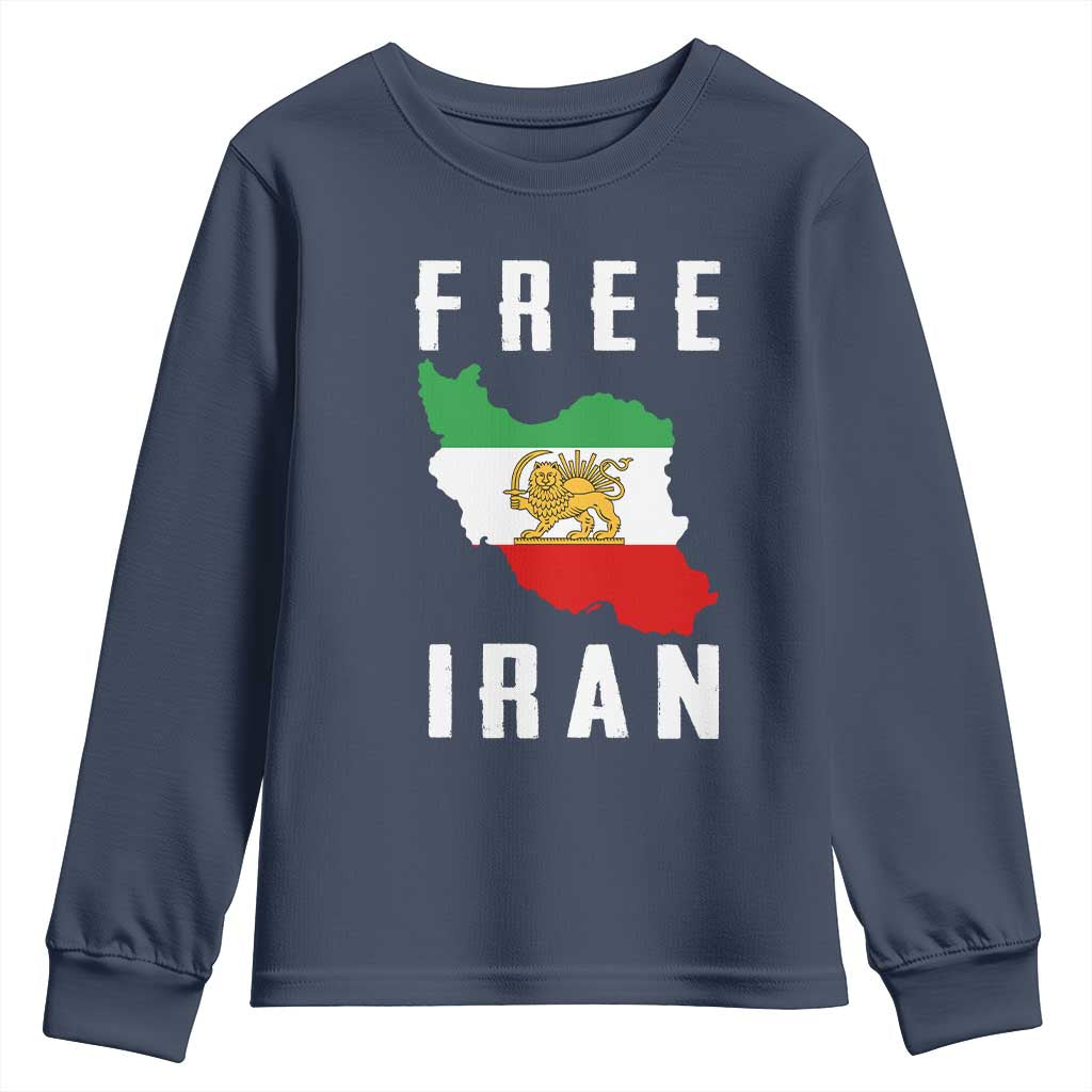 Free Iran Revolution 2026 Youth Sweatshirt Sun and Lion Flag Iranian Freedom Justice TS02 Navy Print Your Wear