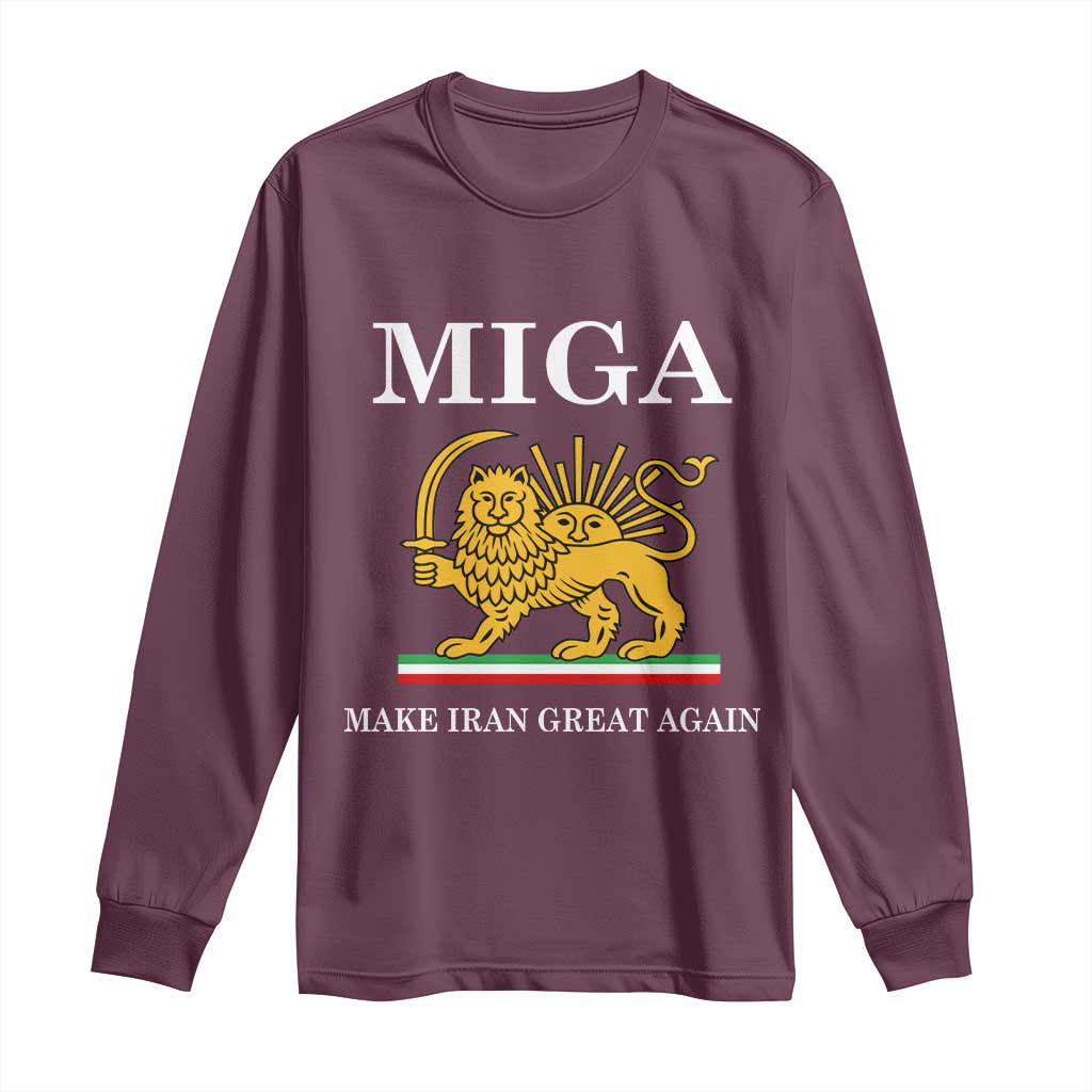 Make Iran Great Again Patriotic MIGA Long Sleeve Shirt Lion and Sun Iranian Revolution Freedom Supporters TS02 Maroon Print Your Wear