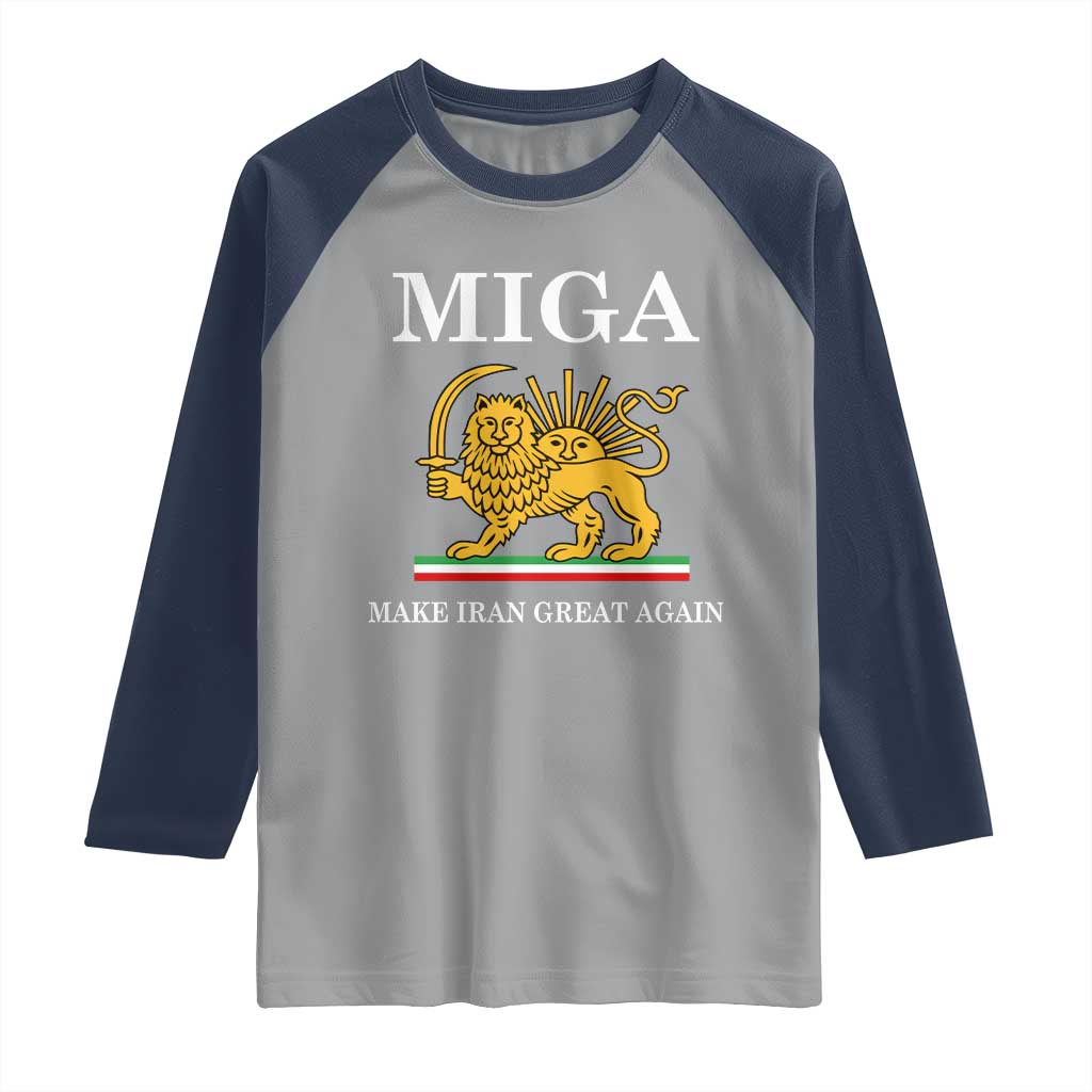 Make Iran Great Again Patriotic MIGA Raglan Shirt Lion and Sun Iranian Revolution Freedom Supporters TS02 Sport Gray Navy Print Your Wear